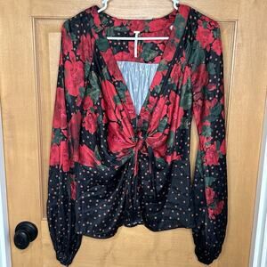Free People Boho Blouse M Red Black Run Free Tunic Buttons Tie Balloon Sleeves
